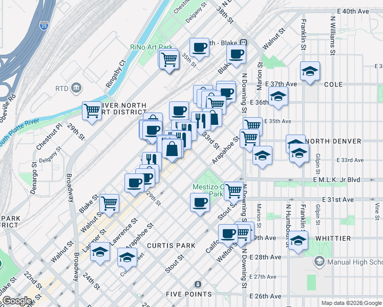 map of restaurants, bars, coffee shops, grocery stores, and more near 3199 Lawrence Street in Denver