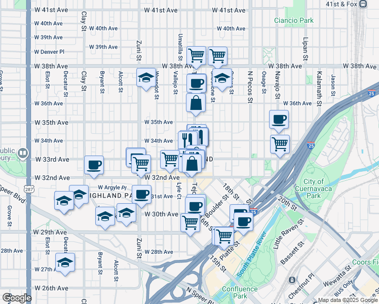 map of restaurants, bars, coffee shops, grocery stores, and more near 2001 West 33rd Avenue in Denver