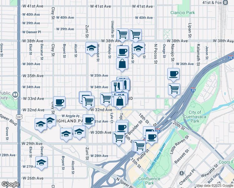 map of restaurants, bars, coffee shops, grocery stores, and more near 2001 West 33rd Avenue in Denver