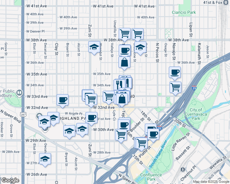 map of restaurants, bars, coffee shops, grocery stores, and more near 2001 West 33rd Avenue in Denver