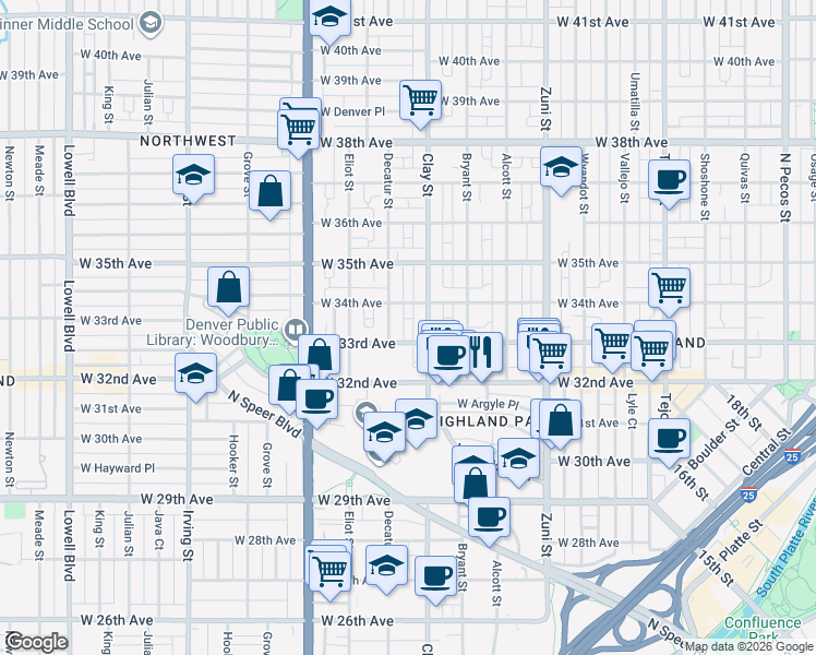 map of restaurants, bars, coffee shops, grocery stores, and more near 3315 Clay Street in Denver