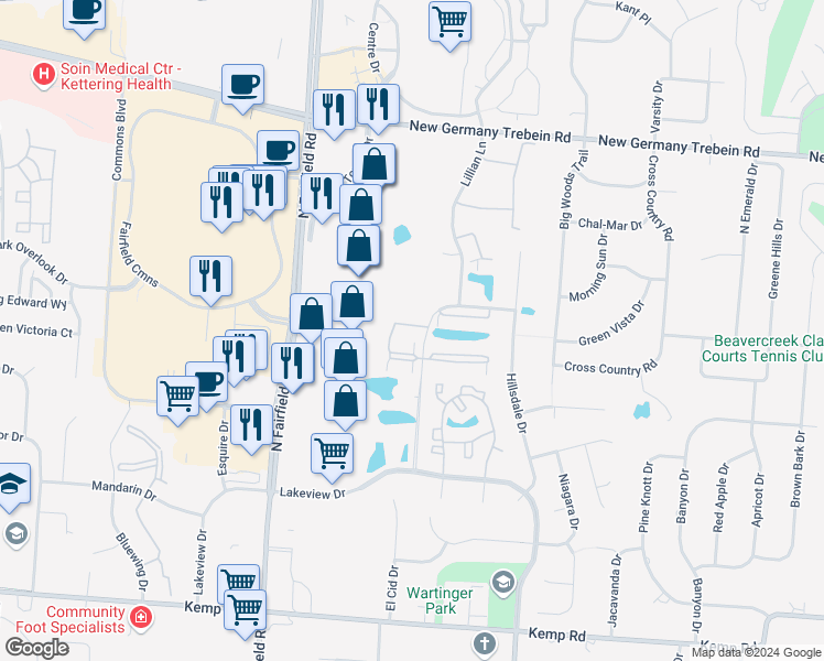 map of restaurants, bars, coffee shops, grocery stores, and more near 3125 Crestmont Lane in Beavercreek