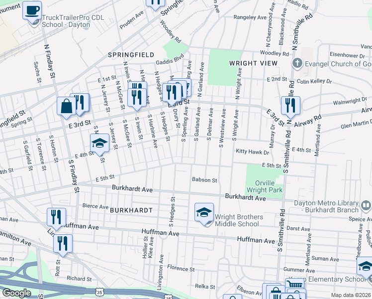 map of restaurants, bars, coffee shops, grocery stores, and more near 147 South Sperling Avenue in Dayton