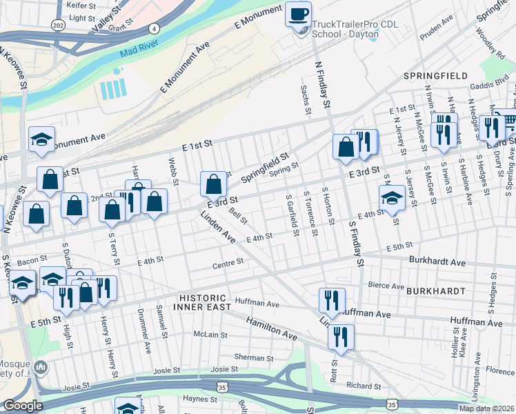 map of restaurants, bars, coffee shops, grocery stores, and more near 26 South Van Lear Street in Dayton