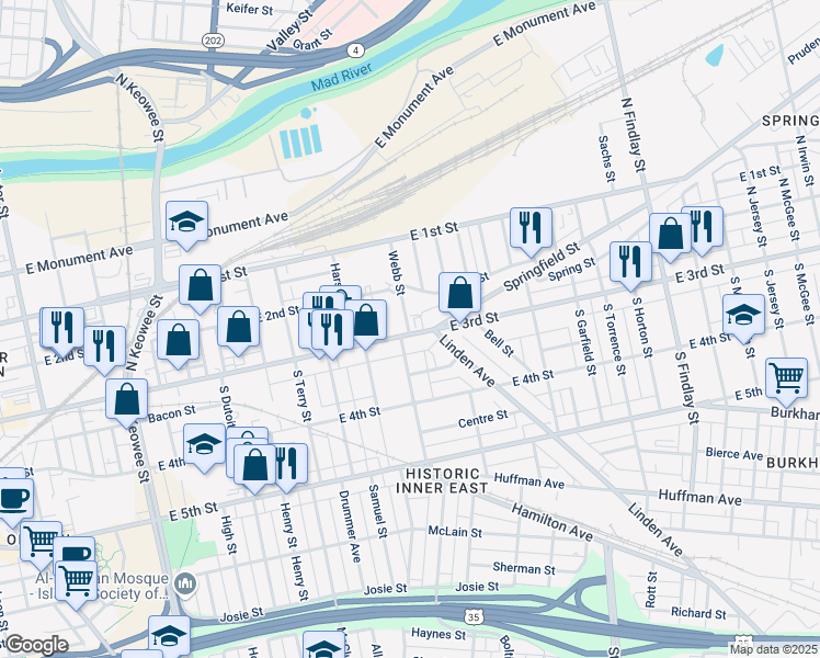 map of restaurants, bars, coffee shops, grocery stores, and more near 1932 East 3rd Street in Dayton