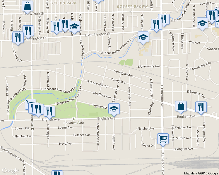 map of restaurants, bars, coffee shops, grocery stores, and more near 4652 Brookville Rd in Indianapolis