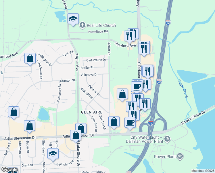 map of restaurants, bars, coffee shops, grocery stores, and more near 93 Adloff Lane in Springfield