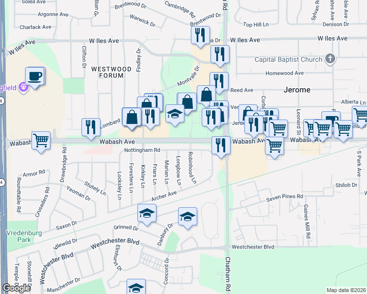 map of restaurants, bars, coffee shops, grocery stores, and more near 75-89 Nottingham Rd in Springfield