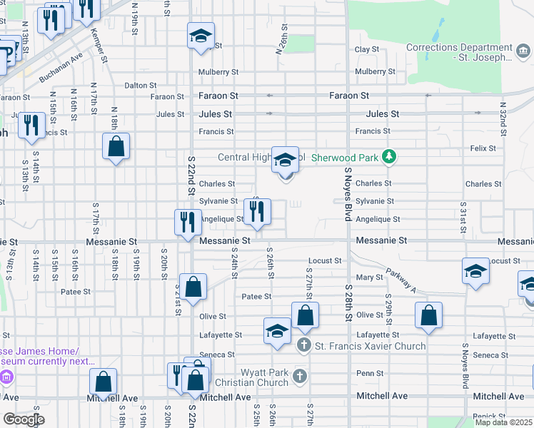 map of restaurants, bars, coffee shops, grocery stores, and more near 425 South 25th Street in Saint Joseph