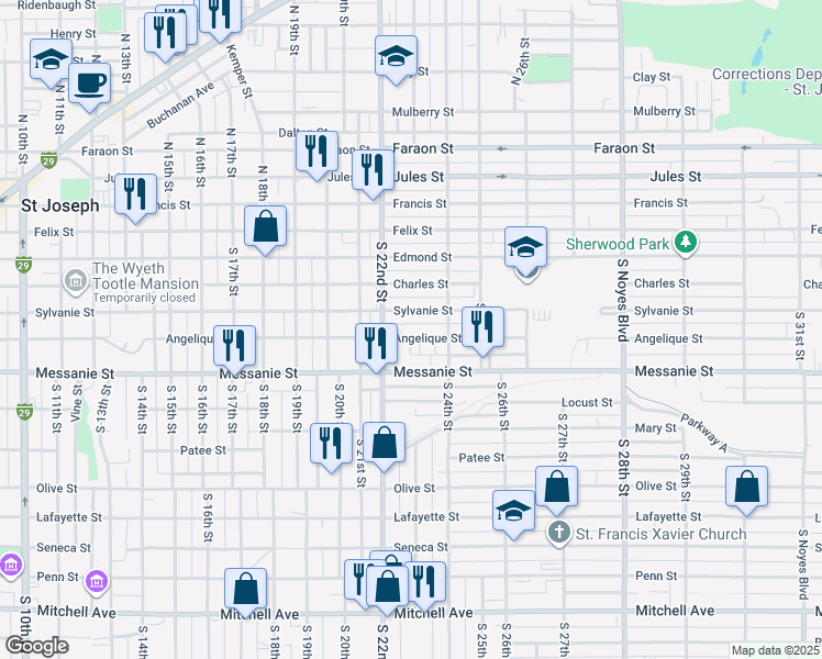 map of restaurants, bars, coffee shops, grocery stores, and more near 2225 Angelique Street in Saint Joseph