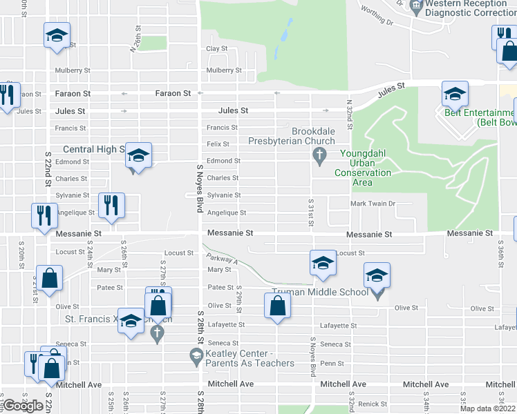 map of restaurants, bars, coffee shops, grocery stores, and more near 2913 Angelique Street in St. Joseph