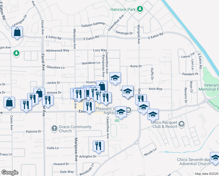 map of restaurants, bars, coffee shops, grocery stores, and more near 2620 Ceanothus Avenue in Chico