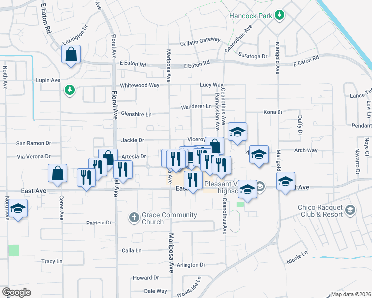 map of restaurants, bars, coffee shops, grocery stores, and more near 1101 Admiral Lane in Chico