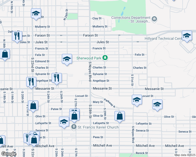 map of restaurants, bars, coffee shops, grocery stores, and more near 2805 Angelique Street in Saint Joseph