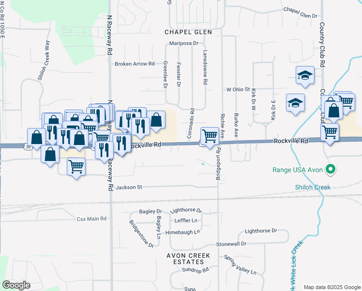 map of restaurants, bars, coffee shops, grocery stores, and more near 8945 Rockville Road in Indianapolis