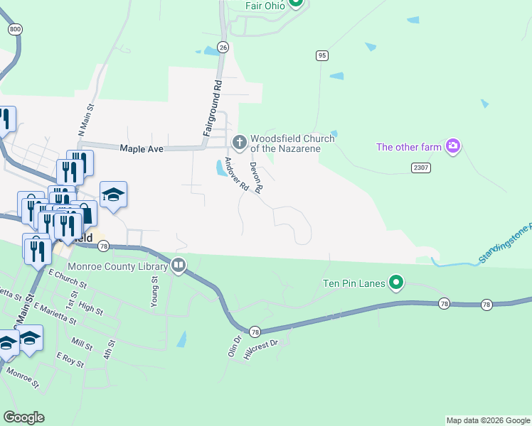 map of restaurants, bars, coffee shops, grocery stores, and more near 129 Andover Road in Woodsfield