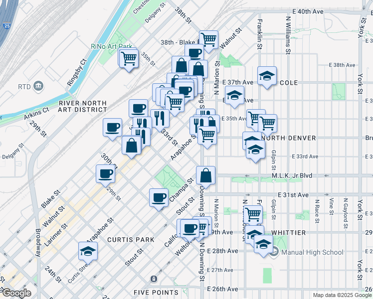 map of restaurants, bars, coffee shops, grocery stores, and more near 1031 33rd Street in Denver