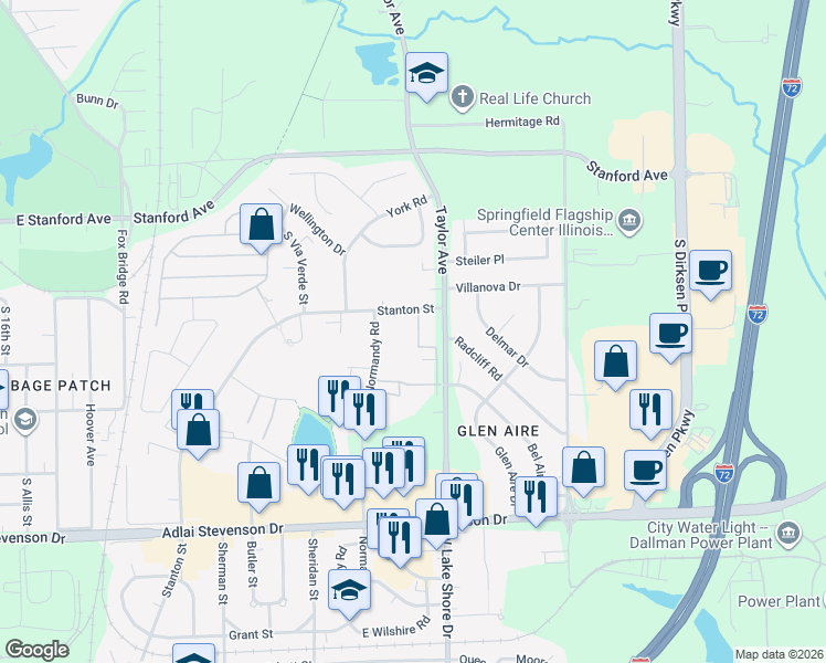 map of restaurants, bars, coffee shops, grocery stores, and more near 2844 Stanton Street in Springfield