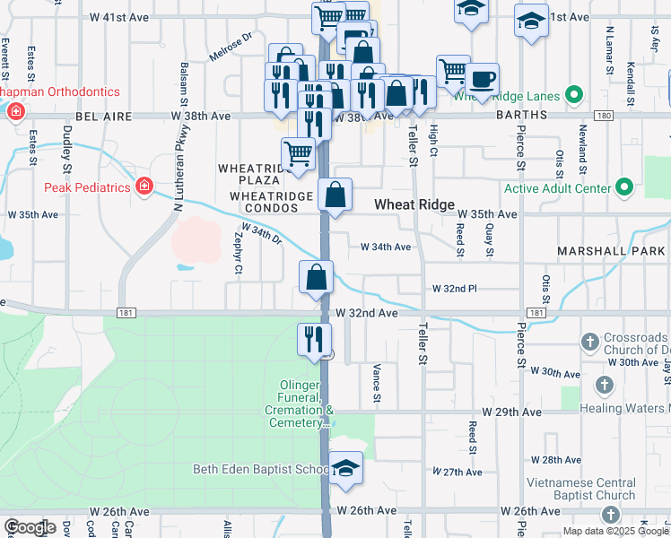 map of restaurants, bars, coffee shops, grocery stores, and more near 7575 West 33rd Avenue in Wheat Ridge