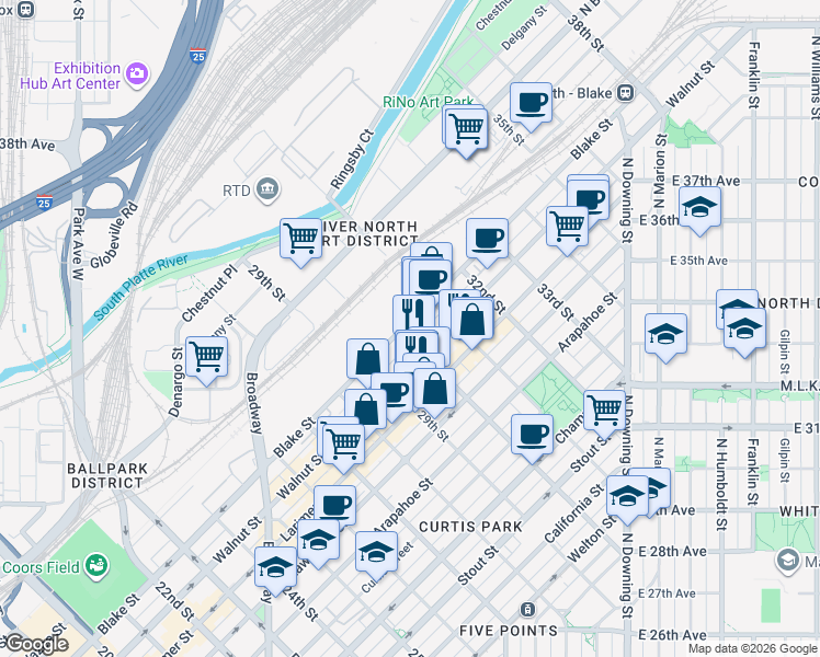 map of restaurants, bars, coffee shops, grocery stores, and more near 1455 30th Street in Denver