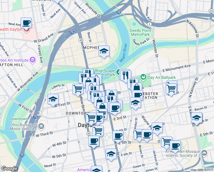 map of restaurants, bars, coffee shops, grocery stores, and more near 110 East Monument Avenue in Dayton