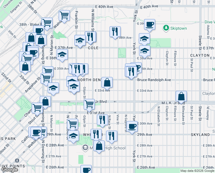 map of restaurants, bars, coffee shops, grocery stores, and more near 3309 Race Street in Denver