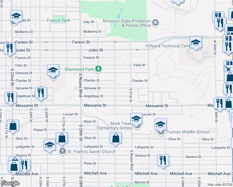 map of restaurants, bars, coffee shops, grocery stores, and more near 3005 Angelique Street in Saint Joseph