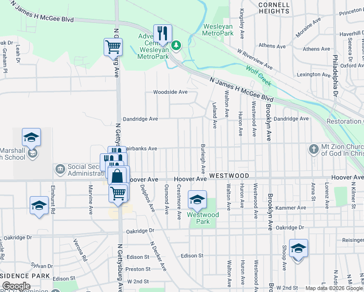 map of restaurants, bars, coffee shops, grocery stores, and more near 867 North Upland Avenue in Dayton