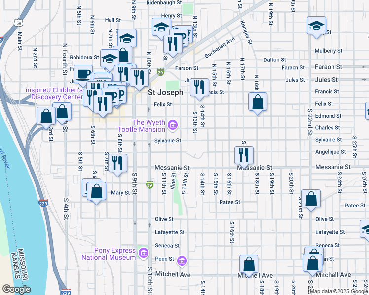 map of restaurants, bars, coffee shops, grocery stores, and more near 413 South 12th Street in Saint Joseph