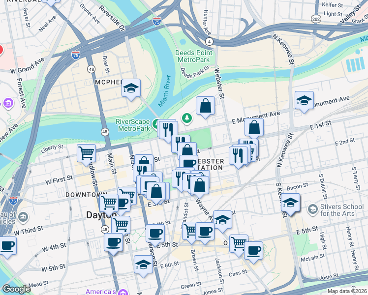 map of restaurants, bars, coffee shops, grocery stores, and more near 329 East 1st Street in Dayton