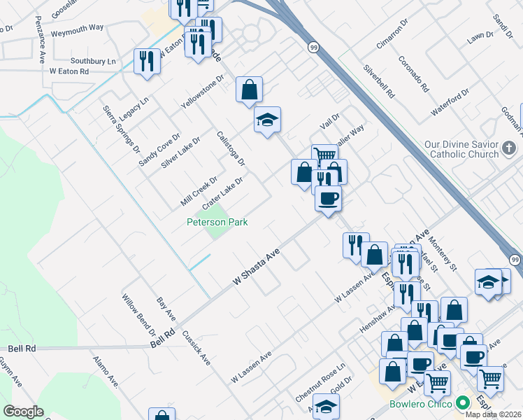 map of restaurants, bars, coffee shops, grocery stores, and more near 213 Denali Drive in Chico