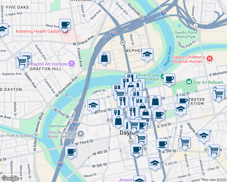 map of restaurants, bars, coffee shops, grocery stores, and more near 115 West Monument Avenue in Dayton