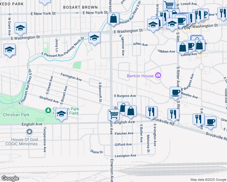 map of restaurants, bars, coffee shops, grocery stores, and more near 333 South Emerson Avenue in Indianapolis