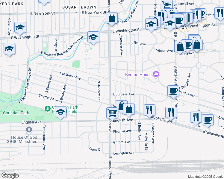 map of restaurants, bars, coffee shops, grocery stores, and more near 5100 East Burgess Avenue in Indianapolis