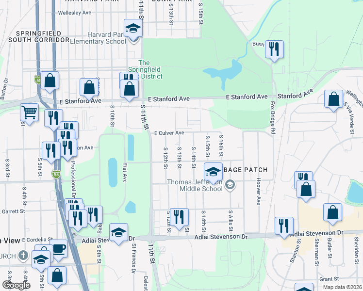 map of restaurants, bars, coffee shops, grocery stores, and more near 2814 South 13th Street in Springfield