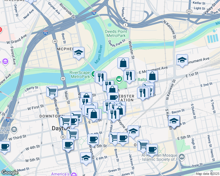 map of restaurants, bars, coffee shops, grocery stores, and more near 329 East 1st Street in Dayton
