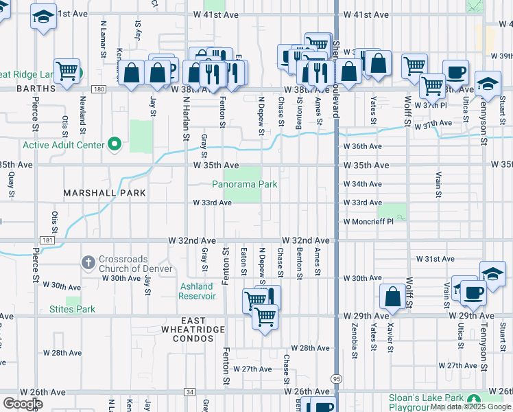 map of restaurants, bars, coffee shops, grocery stores, and more near 3281 Depew Street in Wheat Ridge