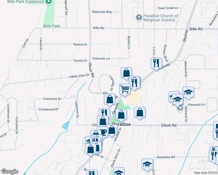 map of restaurants, bars, coffee shops, grocery stores, and more near 824 Camellia Drive in Paradise