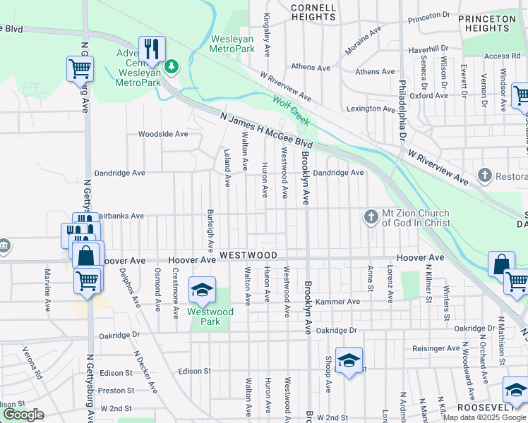 map of restaurants, bars, coffee shops, grocery stores, and more near 729 Huron Avenue in Dayton