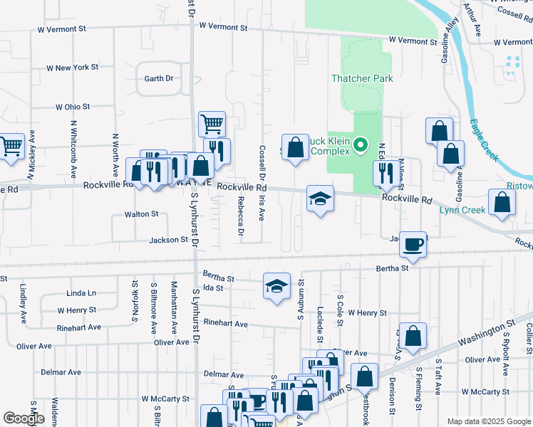 map of restaurants, bars, coffee shops, grocery stores, and more near 25 Iris Avenue in Indianapolis