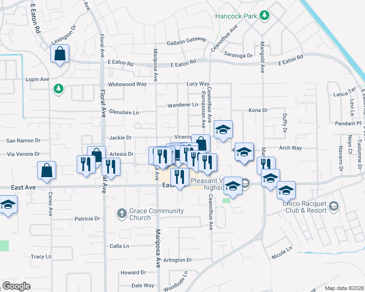 map of restaurants, bars, coffee shops, grocery stores, and more near 22 Lacewing Court in Chico