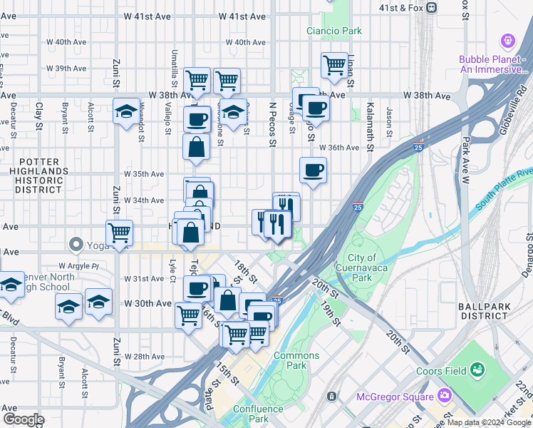 map of restaurants, bars, coffee shops, grocery stores, and more near 3325 North Pecos Street in Denver