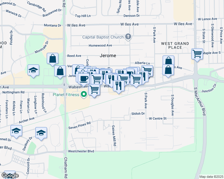 map of restaurants, bars, coffee shops, grocery stores, and more near 1580 Wabash Avenue in Springfield