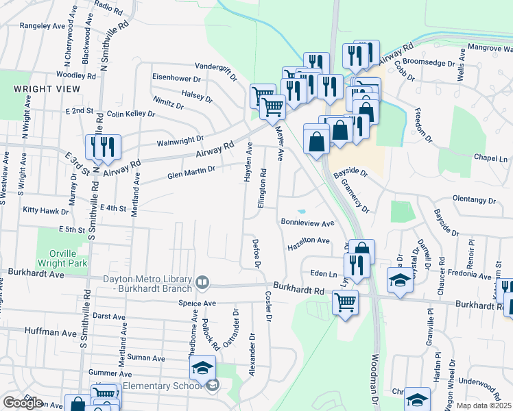 map of restaurants, bars, coffee shops, grocery stores, and more near 180 Ellington Road in Dayton