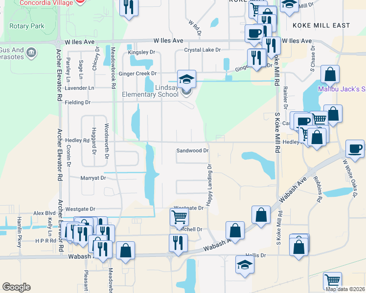 map of restaurants, bars, coffee shops, grocery stores, and more near 3500-3598 Sandwood Dr in Springfield