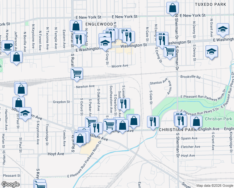map of restaurants, bars, coffee shops, grocery stores, and more near 265 South Dearborn Street in Indianapolis