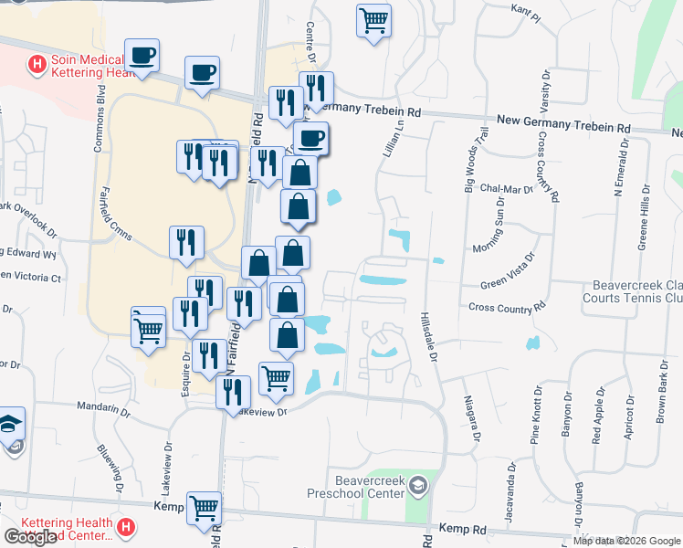 map of restaurants, bars, coffee shops, grocery stores, and more near 3125 Crestmont Lane in Beavercreek