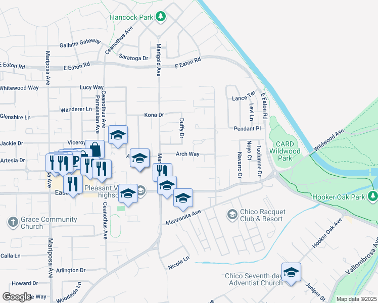 map of restaurants, bars, coffee shops, grocery stores, and more near 1585 Arch Way in Chico