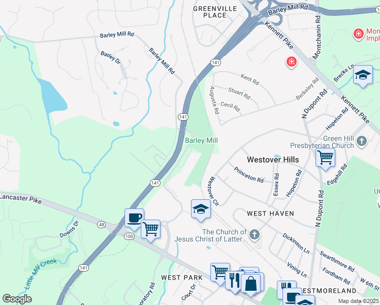 map of restaurants, bars, coffee shops, grocery stores, and more near 735 Walkers Mill Lane in Wilmington