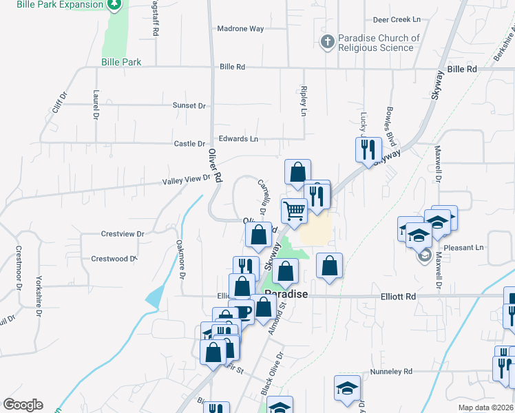 map of restaurants, bars, coffee shops, grocery stores, and more near 824 Camellia Drive in Paradise